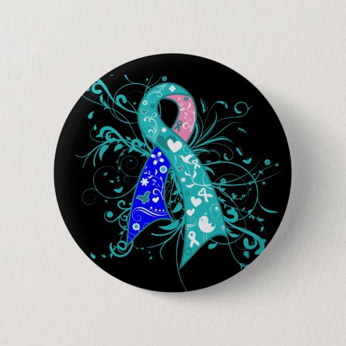 Thyroid Cancer Floral Swirls Ribbon Pinback Button