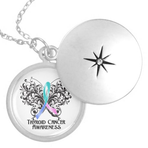 Thyroid Cancer Flourish Butterfly Ribbon Locket Necklace