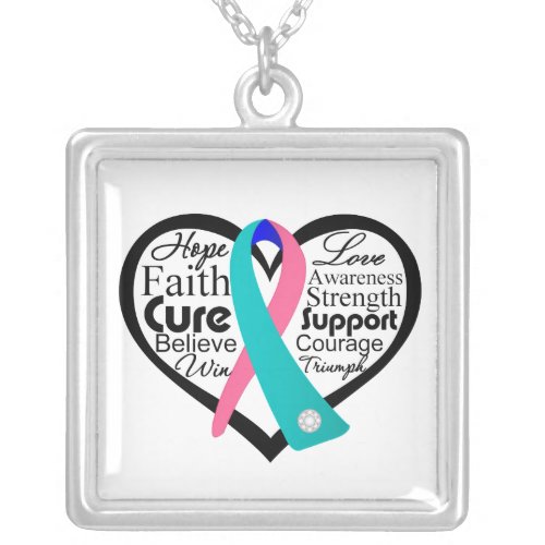 Thyroid Cancer Heart Ribbon Collage Silver Plated Necklace