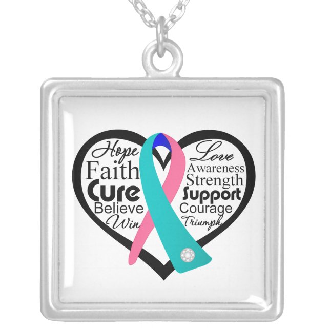 Thyroid Cancer Heart Ribbon Collage Silver Plated Necklace (Front)