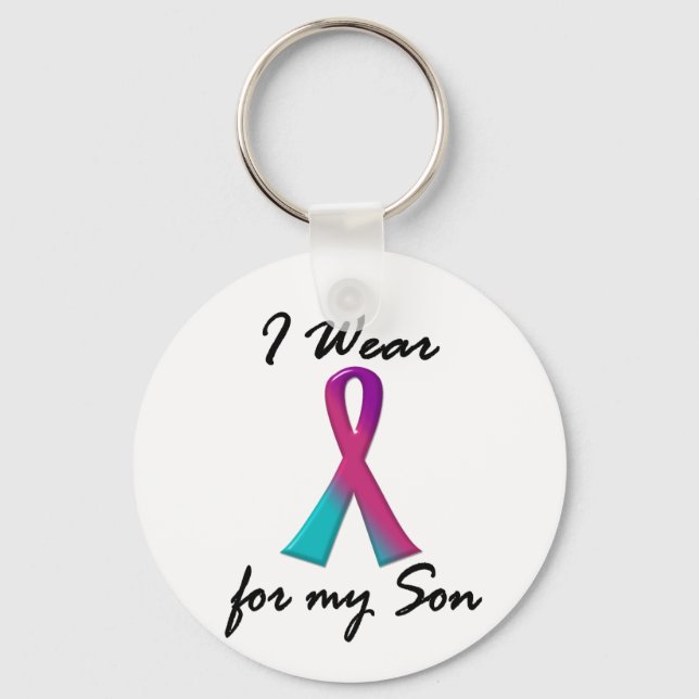 Thyroid Cancer I WEAR THYROID RIBBON 1 Son Keychain (Front)