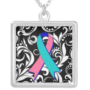 Thyroid Cancer Ribbon Deco Floral Noir Silver Plated Necklace