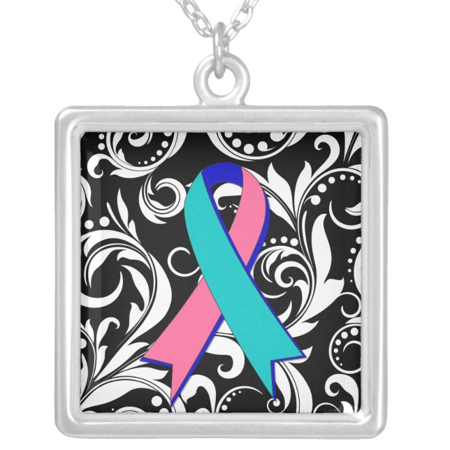 Thyroid Cancer Ribbon Deco Floral Noir Silver Plated Necklace (Front)