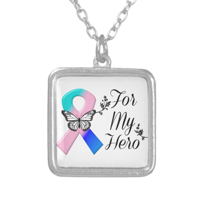 Thyroid Cancer Ribbon For My Hero Silver Plated Necklace (Front)