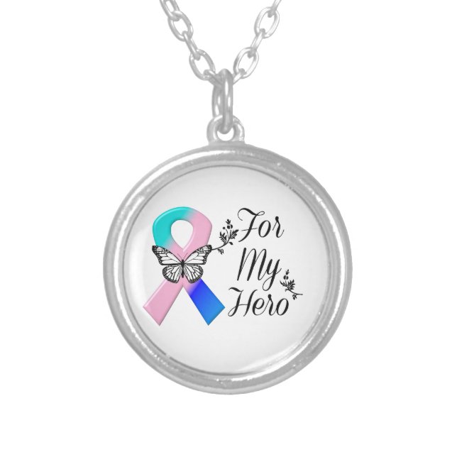 Thyroid Cancer Ribbon For My Hero Silver Plated Necklace (Front)