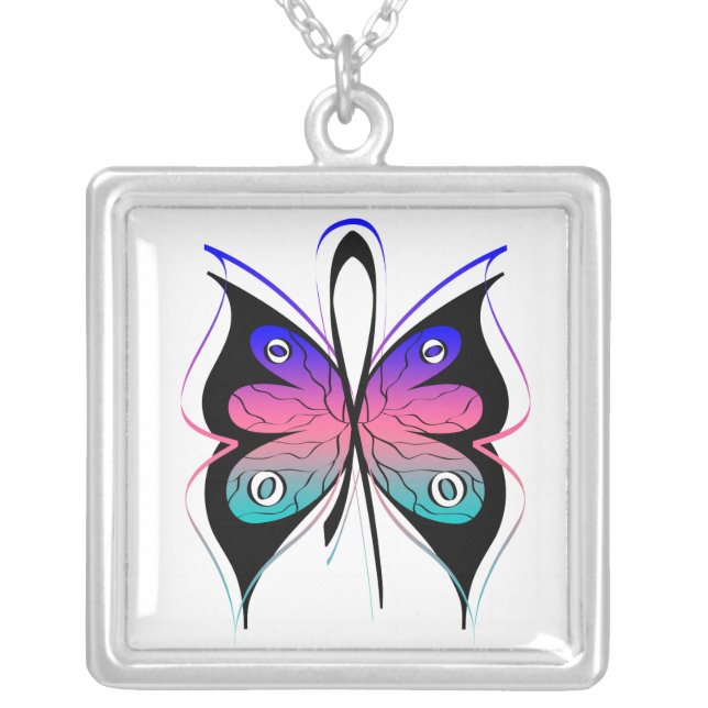 Thyroid Cancer Stylish Butterfly Awareness Ribbon Silver Plated Necklace (Front)
