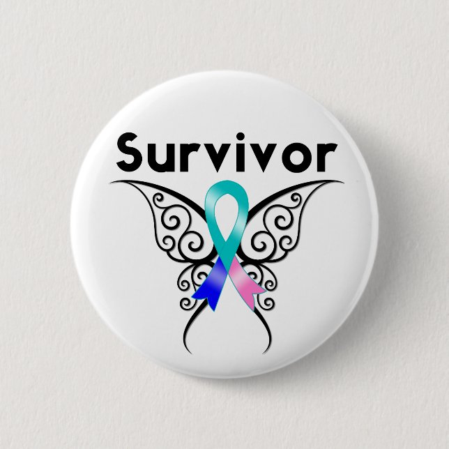 Thyroid Cancer Survivor Tribal Butterfly Pinback Button (Front)