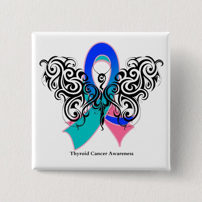 Thyroid Cancer Tribal Butterfly Ribbon Button (Front)