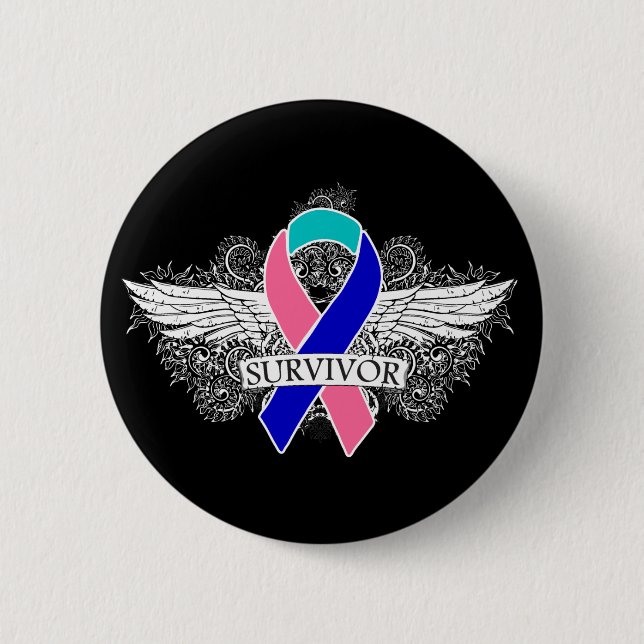 Thyroid Cancer Winged SURVIVOR Ribbon Pinback Button (Front)