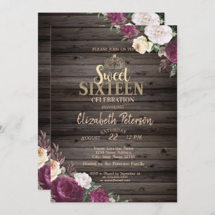 Tiara,Burgundy Flowers Wood Rustic Sweet 16 Party Invitation