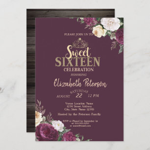 Tiara,Burgundy Flowers Wood Sweet 16 Party Invitation