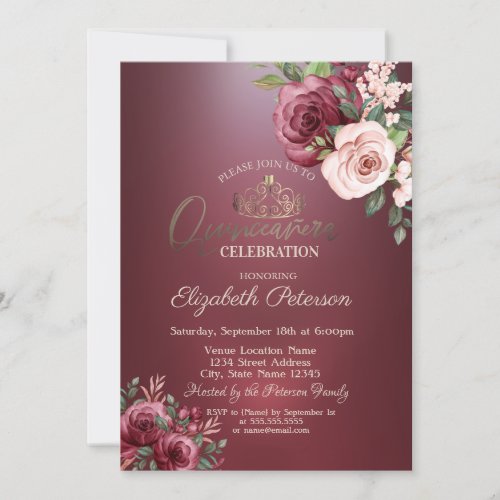 Tiara Burgundy Roses Flowers Quinceaera Invitation