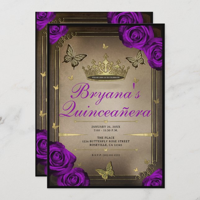 Tiara Butterflies Bright Purple Roses Quinceañera  Invitation (Front/Back)