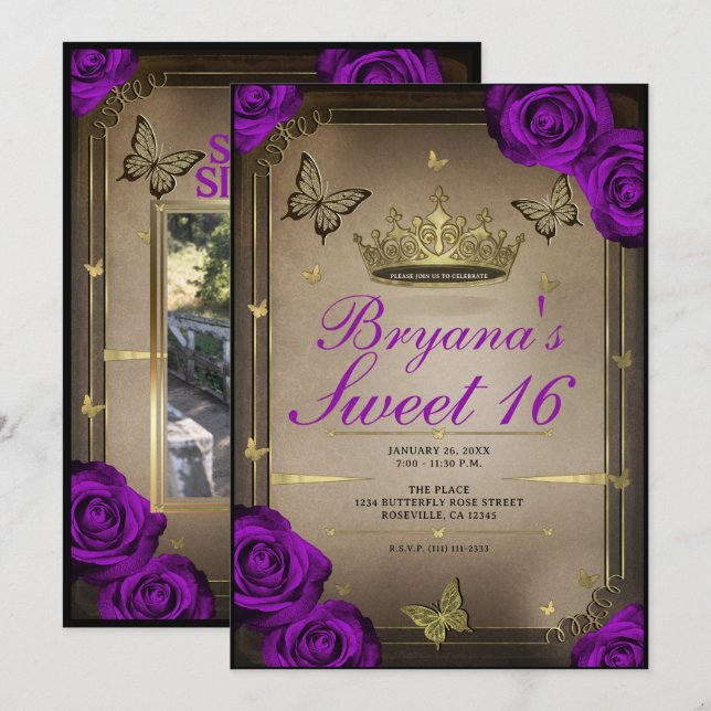Tiara Butterflies Bright Purple Roses Sweet 16  Invitation (Front/Back)