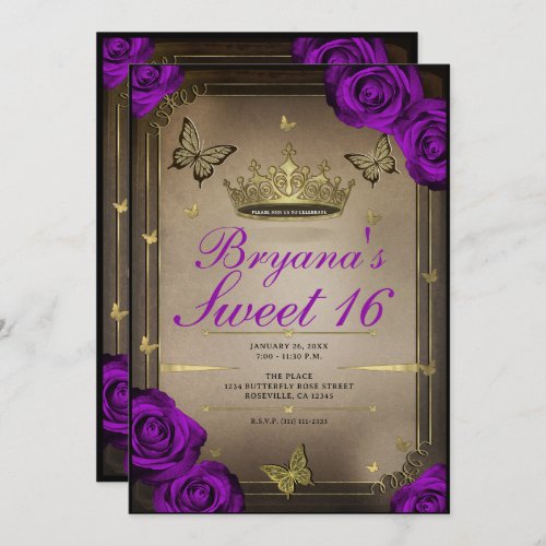 Tiara Butterflies Bright Purple Roses Sweet 16  Invitation