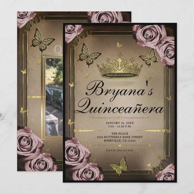 Tiara Butterflies Pale Pink Roses Quinceañera  Invitation (Front/Back)