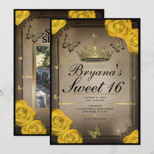 Tiara Butterflies Yellow Roses Sweet 16 Invitation