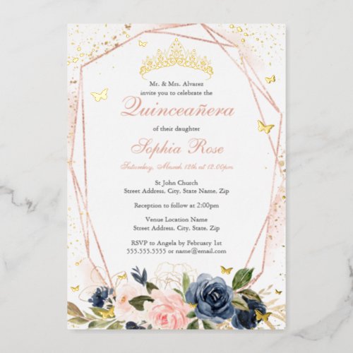 Tiara Butterfly Floral Blush Pink Navy Quinceanera Foil Invitation