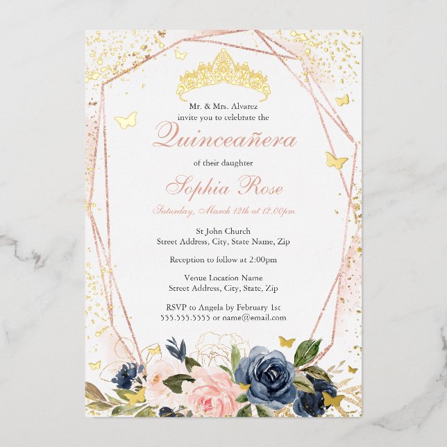 Tiara Butterfly Floral Blush Pink Navy Quinceanera Foil Invitation (Front)