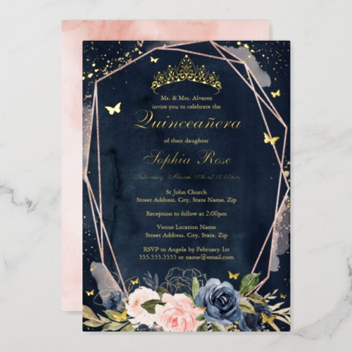 Tiara Butterfly Floral Navy Pink Quinceanera Foil Invitation