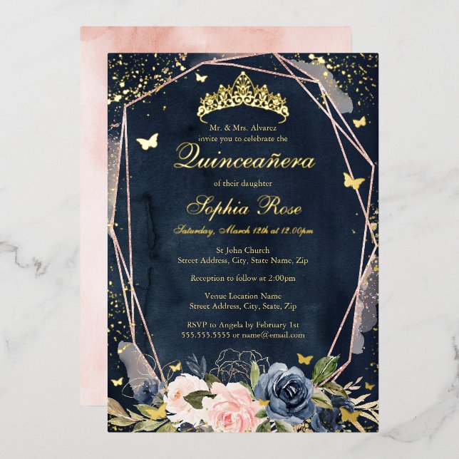 Tiara Butterfly Floral Navy Pink Quinceanera Foil Invitation (Front/Back)