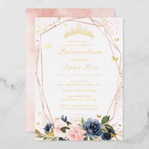 Tiara Butterfly Floral Pink Navy Quinceanera Foil Invitation