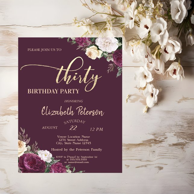 Tiara,Confetti Burgundy Floral 30th Birthday Party Invitation (Creator Uploaded)