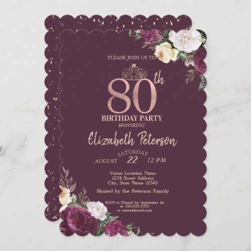 TiaraConfetti Burgundy Floral 80th Birthday Invitation