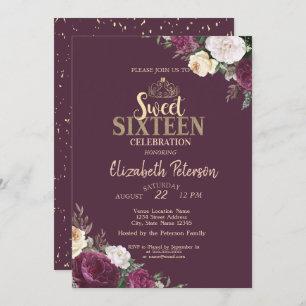 Tiara,Confetti Burgundy Floral Sweet 16 Party Invitation