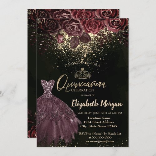 Tiara Confetti Burgundy Flowers Dress Quinceaera Invitation