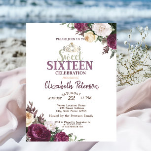 Tiara,Confetti Burgundy Flowers Sweet 16 Party Invitation