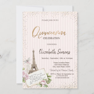 Tiara,Confetti,Eiffel Tower Roses Striped Invitation