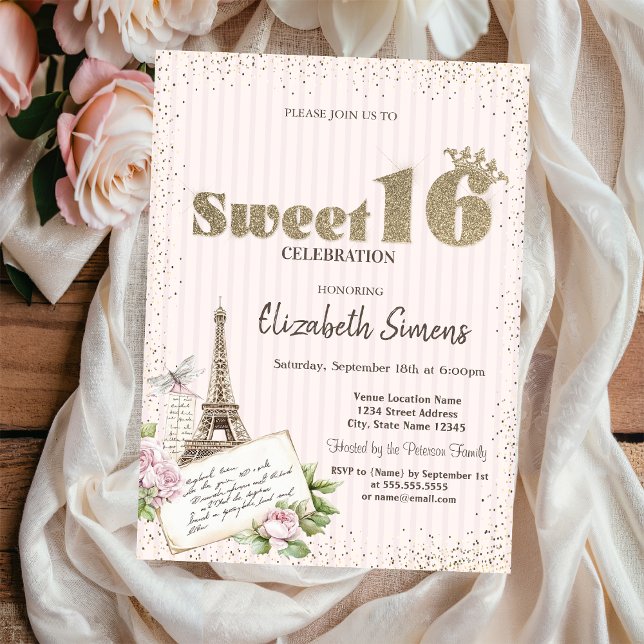 Tiara,Confetti,Eiffel Tower Roses Striped Sweet 16 Invitation (Creator Uploaded)