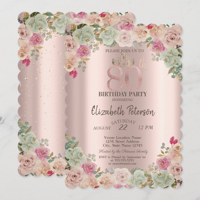 Tiara,Confetti Floral 80th Birthday  Invitation (Front/Back)