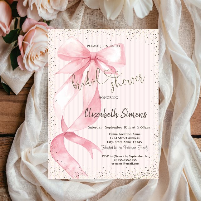 Tiara,Confetti,Pink Bow Striped Bridal Shower Invitation (Creator Uploaded)
