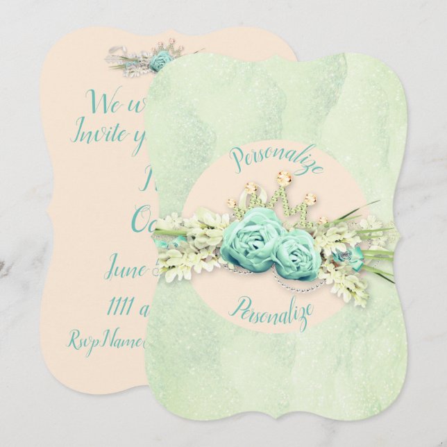 Tiara diamond floral and lace mint cream teal invitation (Front/Back)