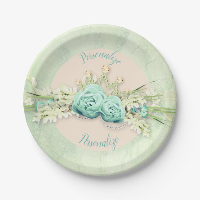 Tiara diamond rose lace teal cream paper plate (Front)