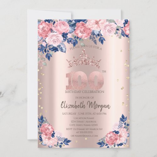 Tiara Diamonds Blue Roses Rose Gold 100th Birthday Invitation