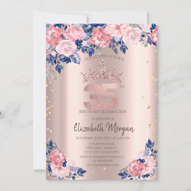 Tiara Diamonds Blue Roses Rose Gold 35th Birthday Invitation (Front)