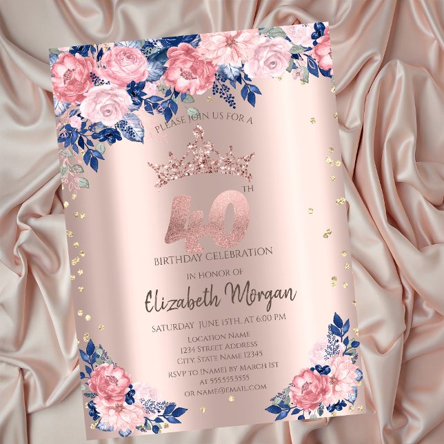 Tiara Diamonds Blue Roses Rose Gold 40th Birthday Invitation (Creator Uploaded)