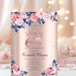 Tiara Diamonds Blue Roses Rose Gold 60th Birthday Invitation