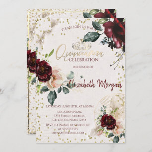 Tiara,Diamonds Burgundy Roses Quinceañera Invitation