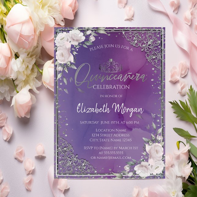 Tiara,Diamonds Frame Flowers Violet Quinceañera Invitation (Creator Uploaded)