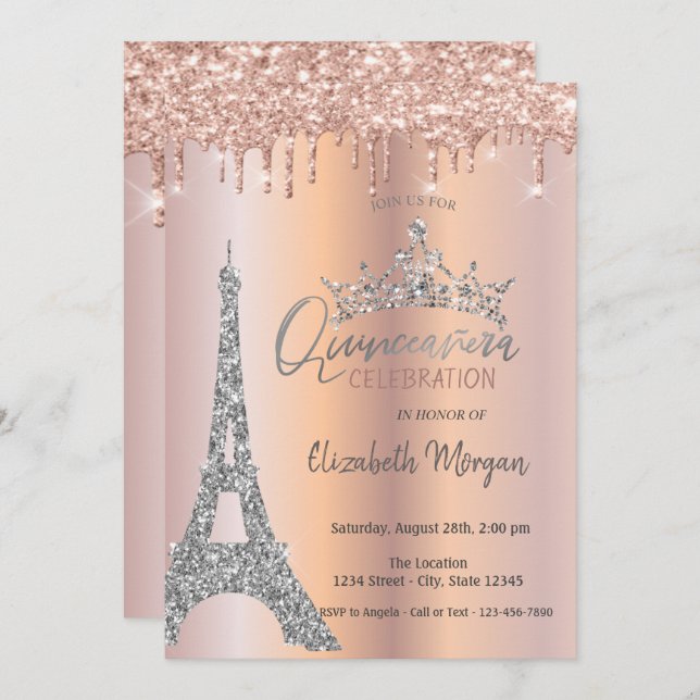 Tiara Drops Glitter Rose Gold Invitation (Front/Back)