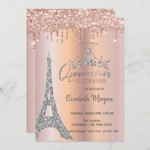 Tiara Drops Glitter Rose Gold Invitation