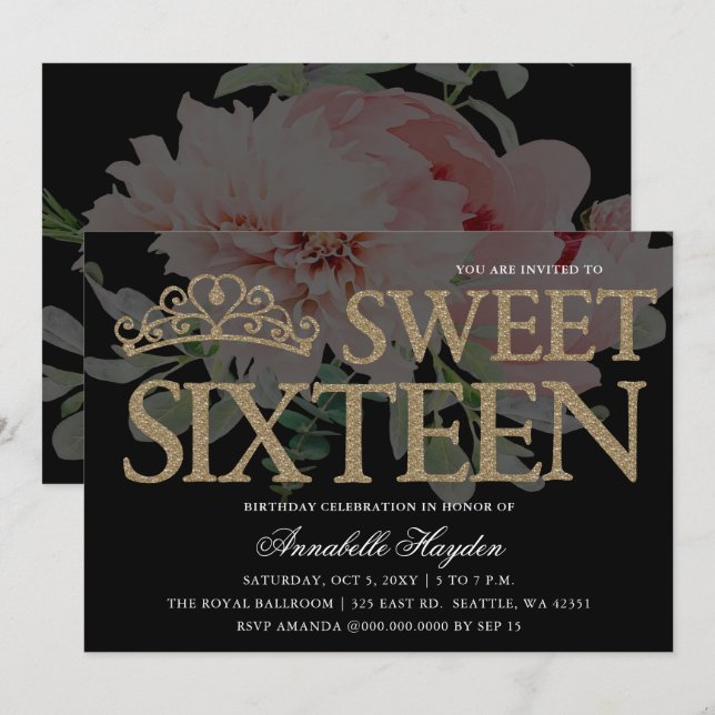 Tiara Floral Black and Gold Sweet 16  Invitation (Front/Back)