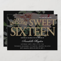 Tiara Floral Black and Gold Sweet 16  Invitation