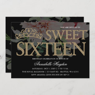 Tiara Floral Black and Gold Sweet 16 Invitation