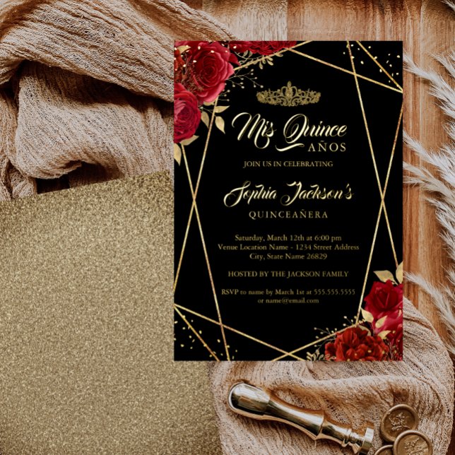 Tiara Floral Gold Red Quinceanera Modern  Foil Invitation (Creator Uploaded)