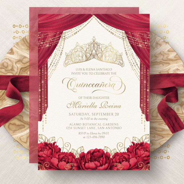 Tiara Floral Red Modern Quinceanera Invitation (Creator Uploaded)